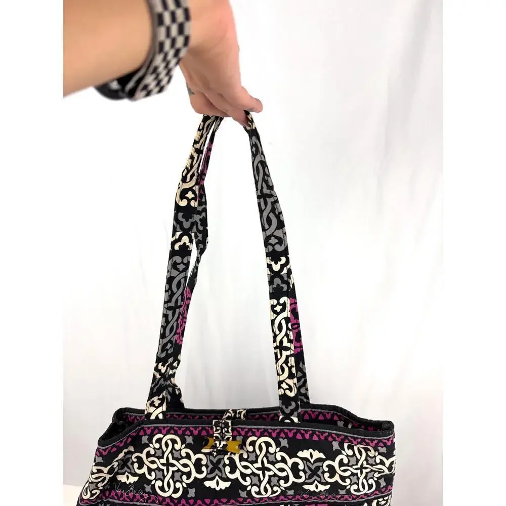 Vera Bradley Canterberry Magenta 2013‎ Tote Quilted Bag Black White READ